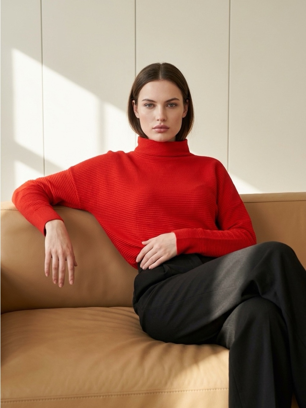 Chelsea & Theodore Women S/P Red Vertical & Horizon Ribbed High Neck Sweater $78